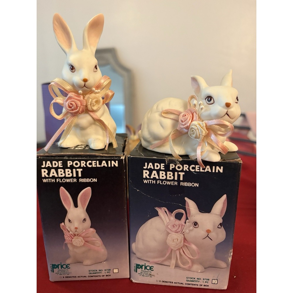 Vintage Price Products Jade Porcelain Rabbit Figurines Set of 2 Easter Box 9708